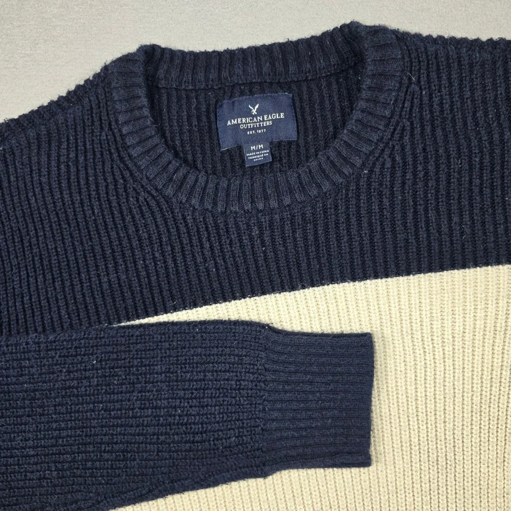 American Eagle Mens M Navy Blue Sweater Colorblock Ribbed Knit Crewneck Pullover
